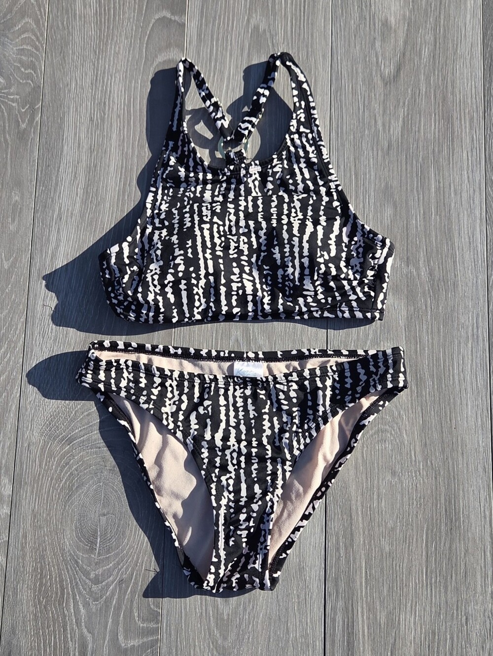 Kona Sol Black & White Patterned Bikini Set - Sport Crop Top & Briefs
